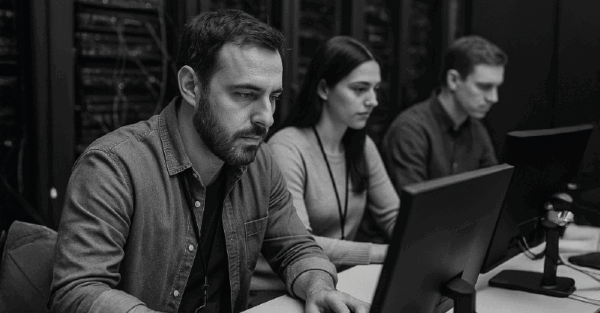 Equipe de TI trabalhando em frente a computadores em data center