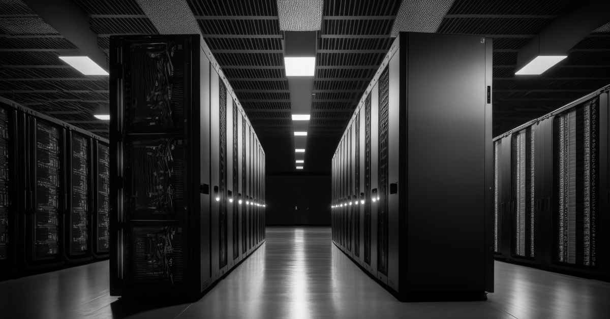 Corredor de data center em tons de cinza, com inúmeros racks de servidores e luzes de status acesos.