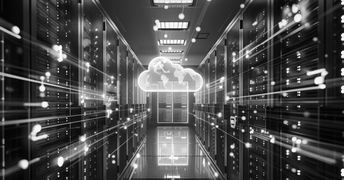 Infográfico data center com nuvem. Imagem em preto e branco.