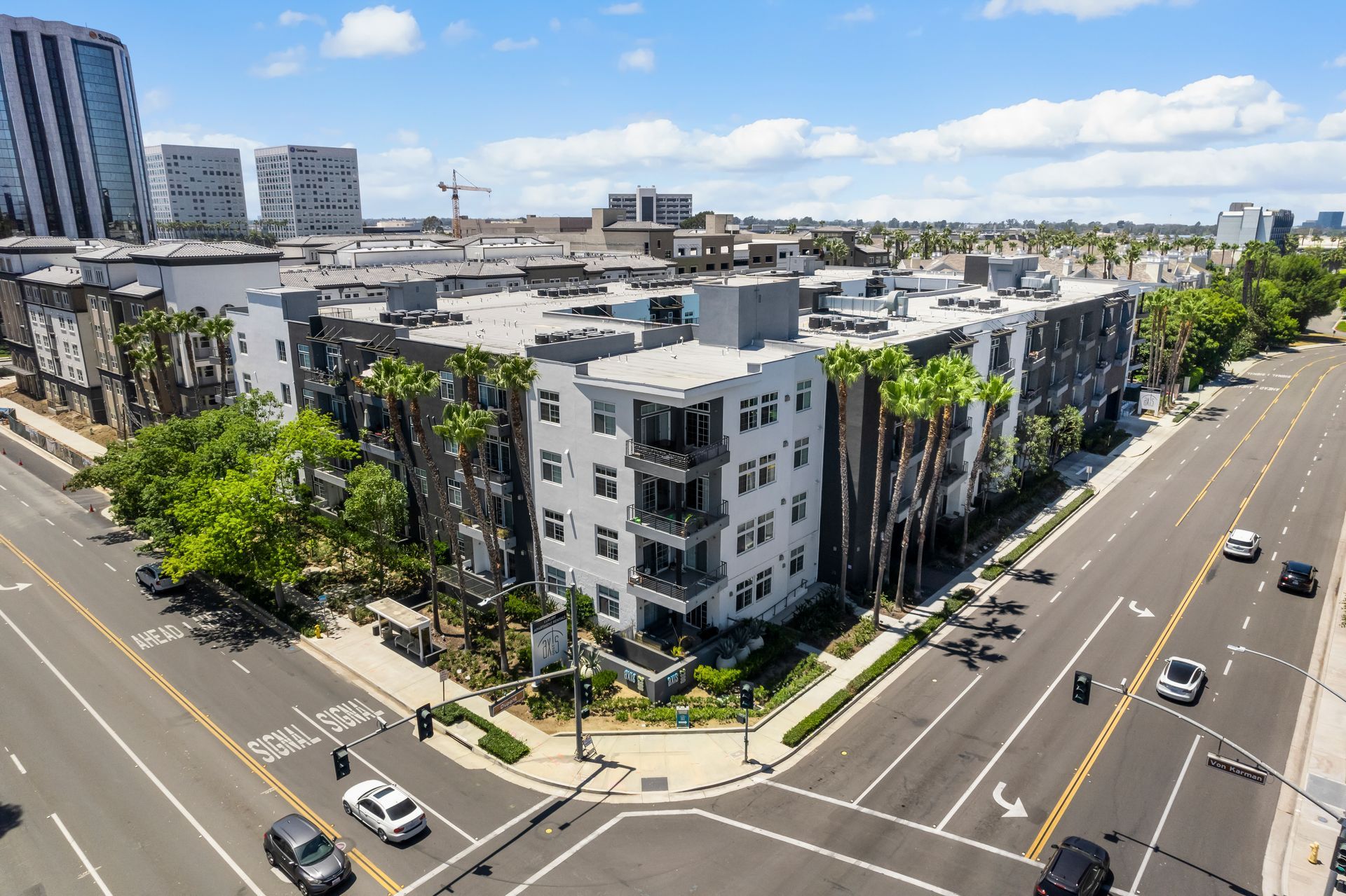 Exterior drone image of the front of the building