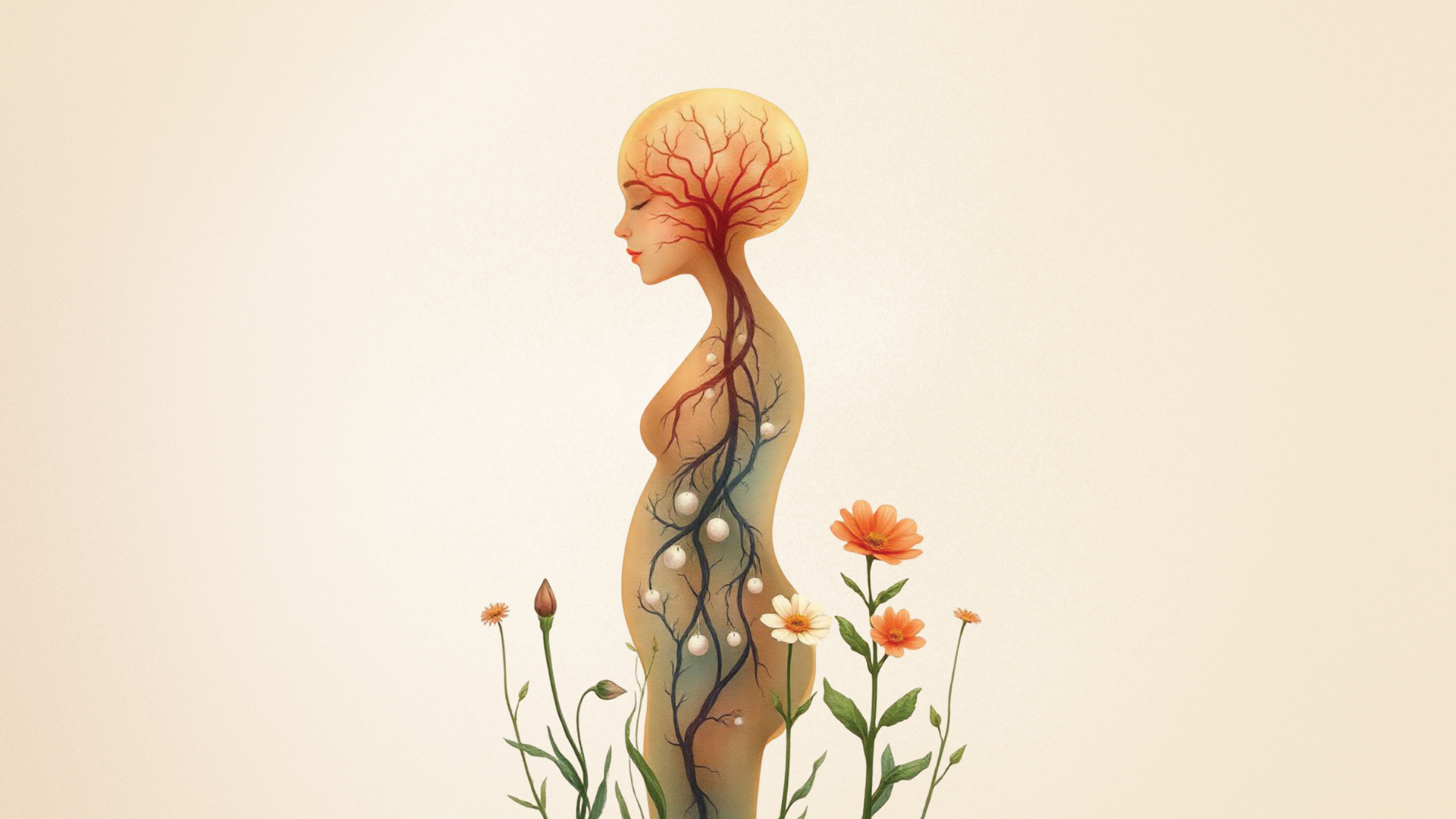 An ethereal figure with a head like a tree, roots branching down the body. Orange flowers in front.