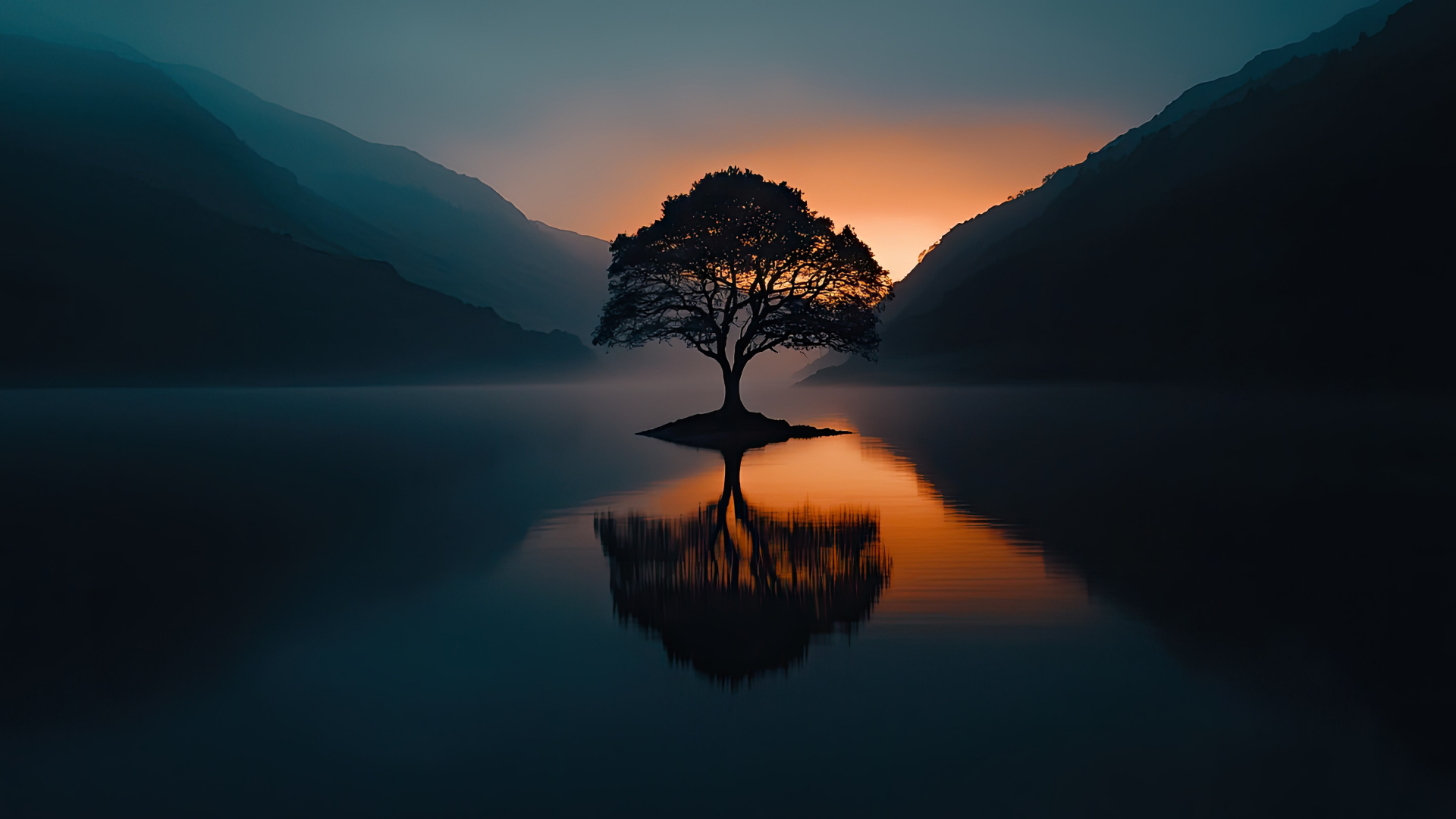 Albero in silhouette su una piccola isola, riflesso nell'acqua calma al tramonto tra le montagne.