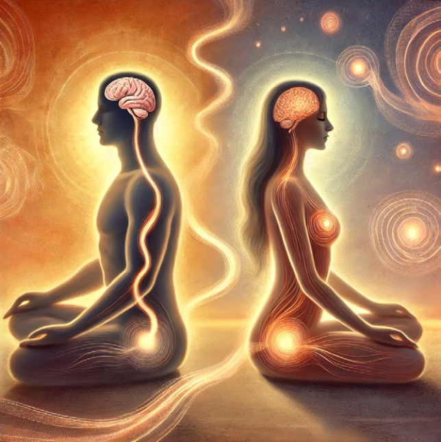 Two figures meditate, connected by energy lines. Glowing orange/yellow lights emanate from bodies.