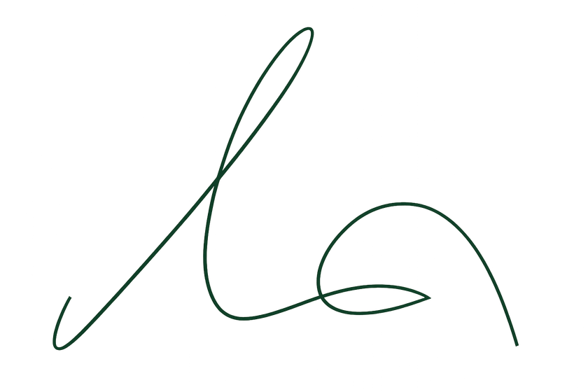 Dark green stylized cursive signature.