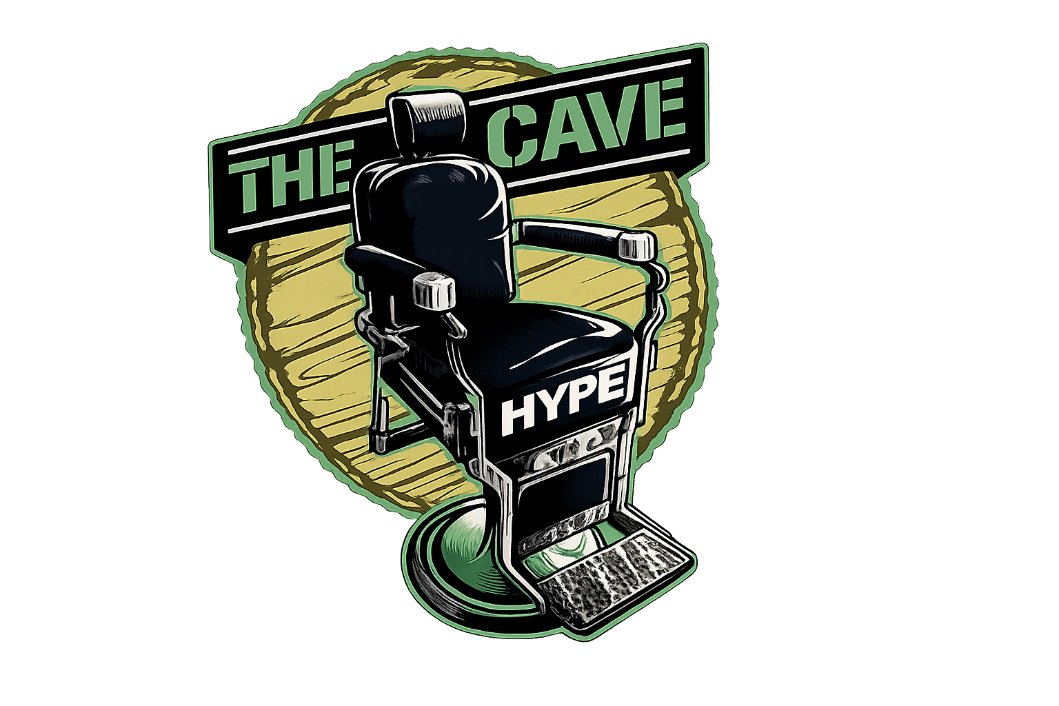 Logo: barber chair, "The Cave" sign, "HYPE" on chair, green and black.