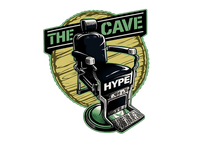 Logo: barber chair, "The Cave" sign, "HYPE" on chair, green and black.