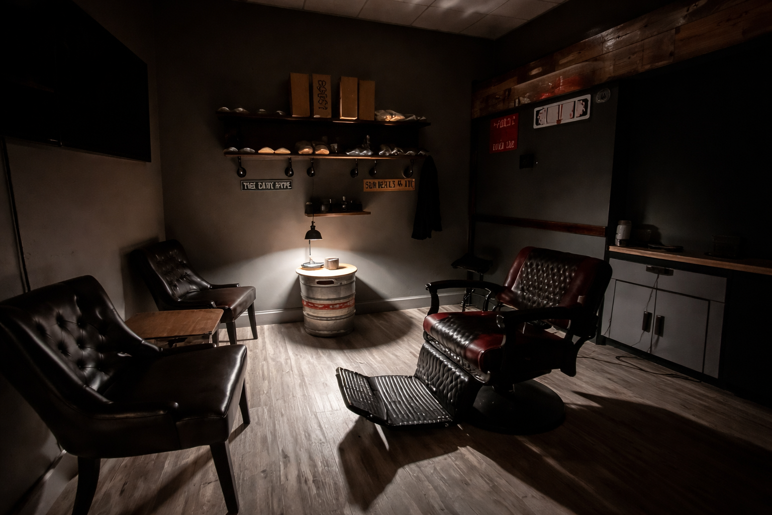 Barber's tools on wooden shelf: combs, clippers, scissors, brushes, gloves, and grooming products.