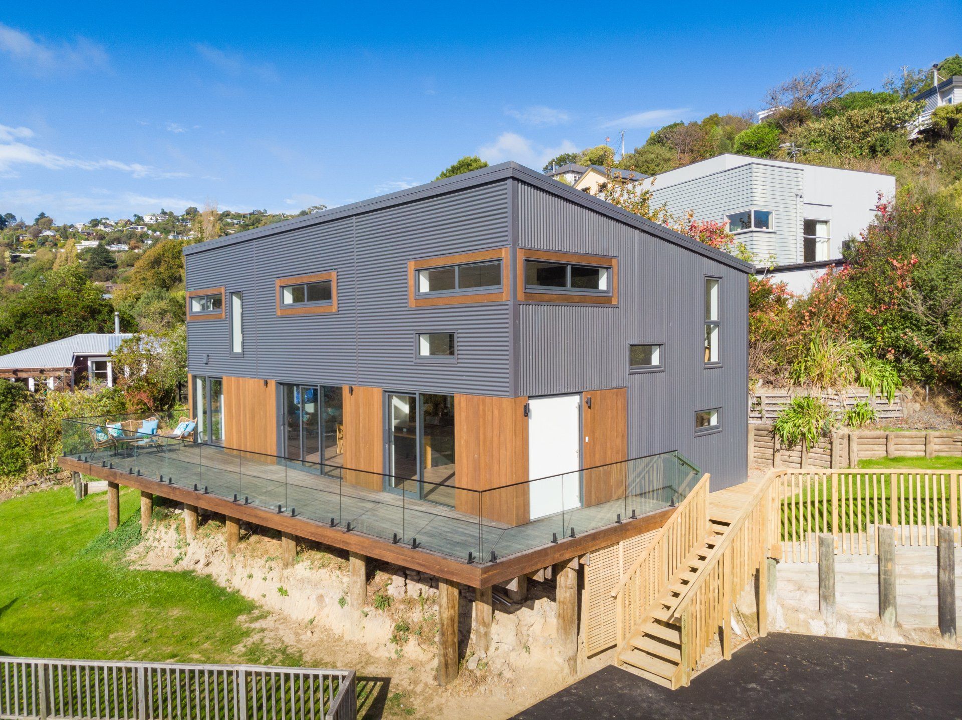 Energy efficient home, based on Passive House Standards, built on a hill site in Christchurch