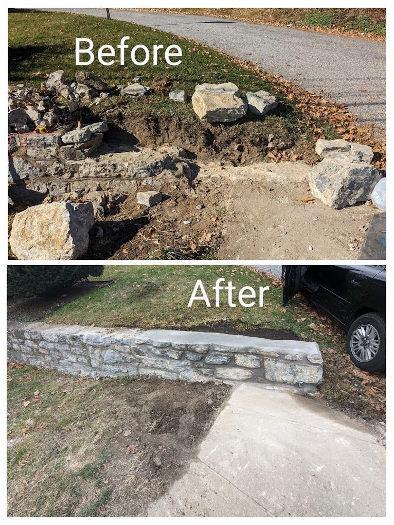 A before and after photo of a stone wall in a driveway.