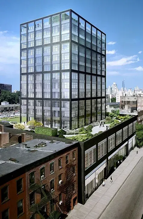 An artist 's impression of a tall building in a city