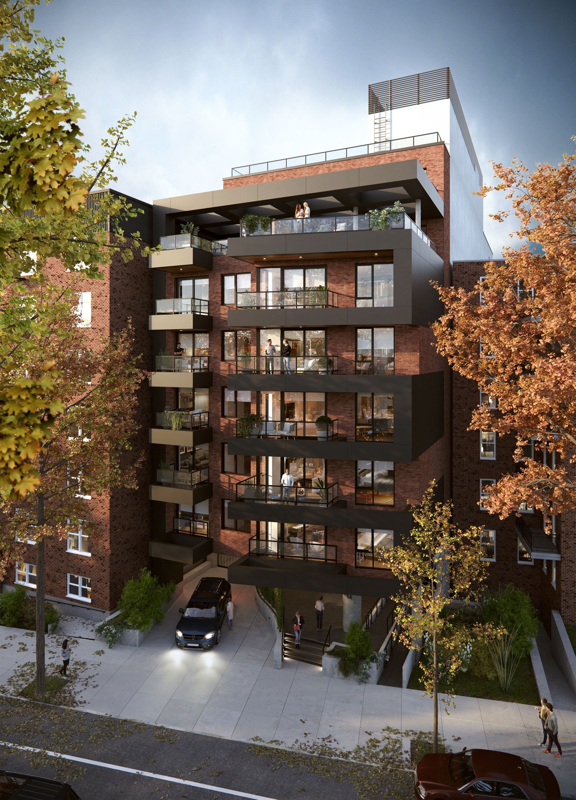 An artist 's impression of a building with a car parked in front of it