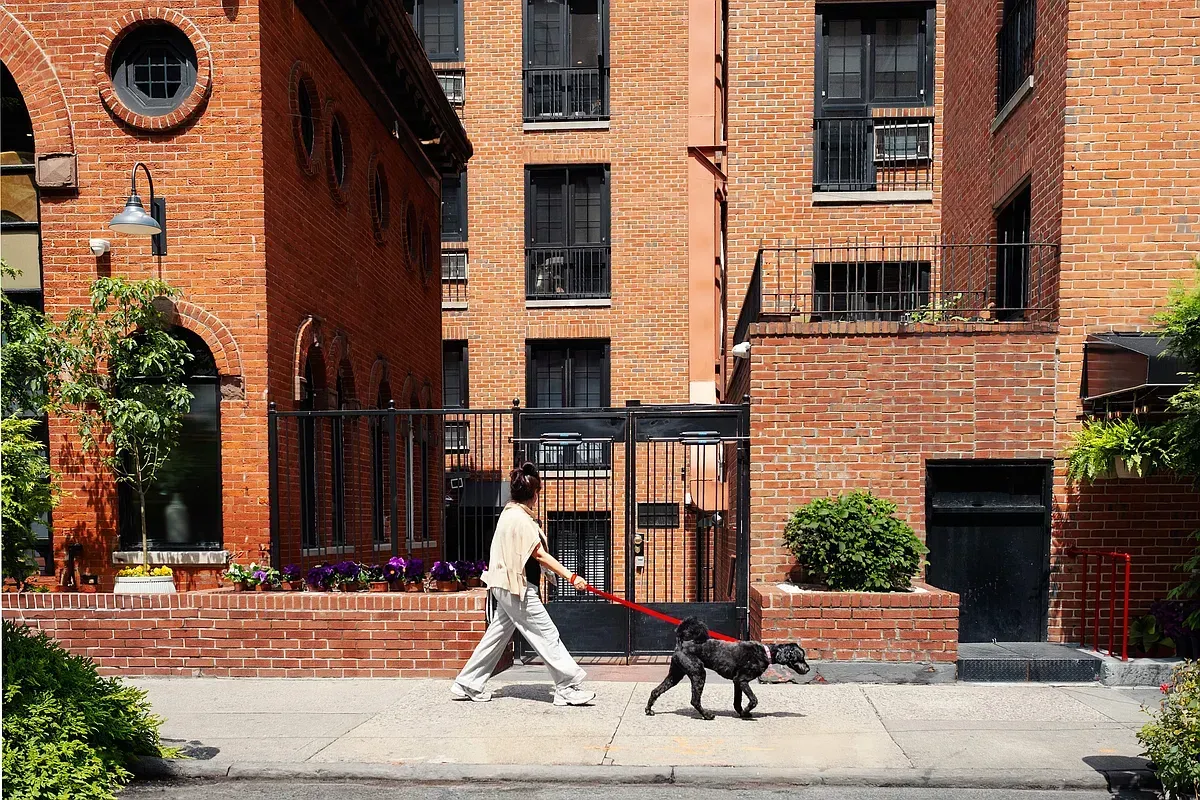 A man is walking a dog on a leash in front of a brick building