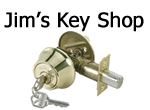 Jim's Key Shop logo, featuring a gold door lock with a key.
