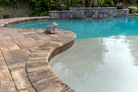 Pool with brown brick patio and a stone frog statue.
