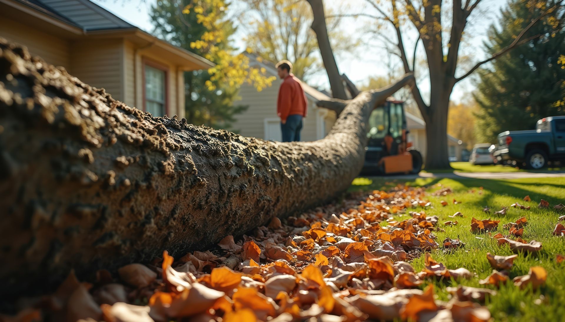 Worker uses loader equipment for the cleanup of a large trunk and branches. 
