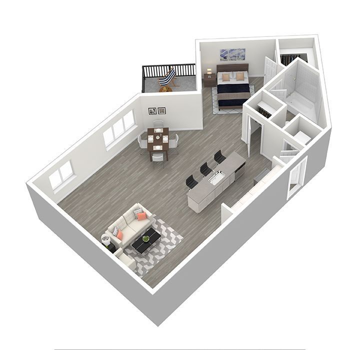 A 3d floor plan of a house with a couch , table and chairs.