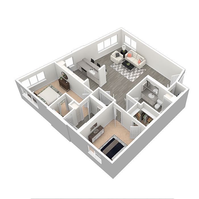A 3d floor plan of a house with a living room , bedroom , and bathroom.