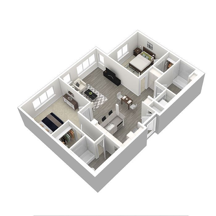 A 3d floor plan of a house with a bedroom , living room , and dining room.