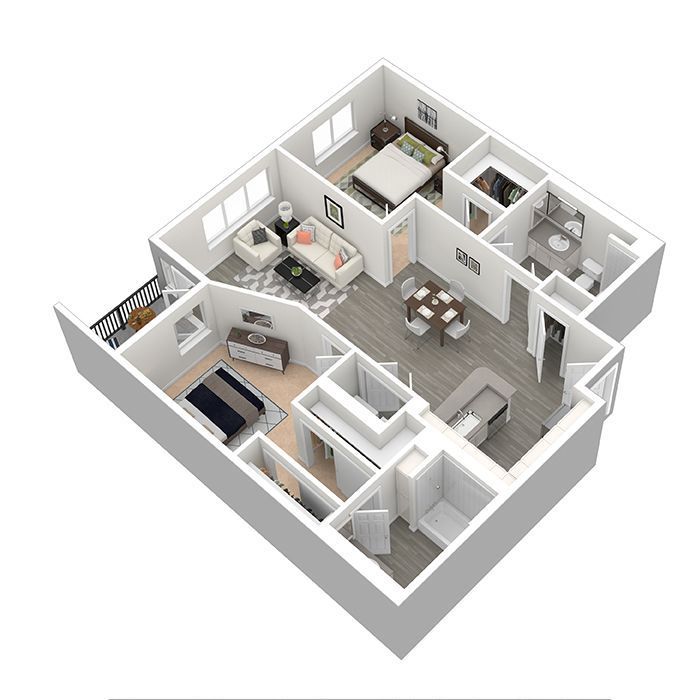 A 3d floor plan of a house with a bedroom , living room , dining room , and bathroom.