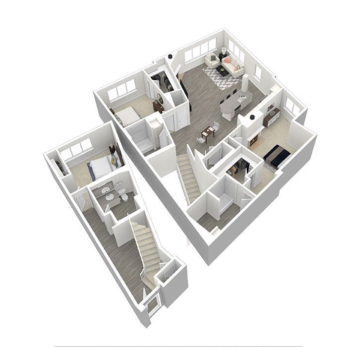 A 3d floor plan of a house with a staircase.