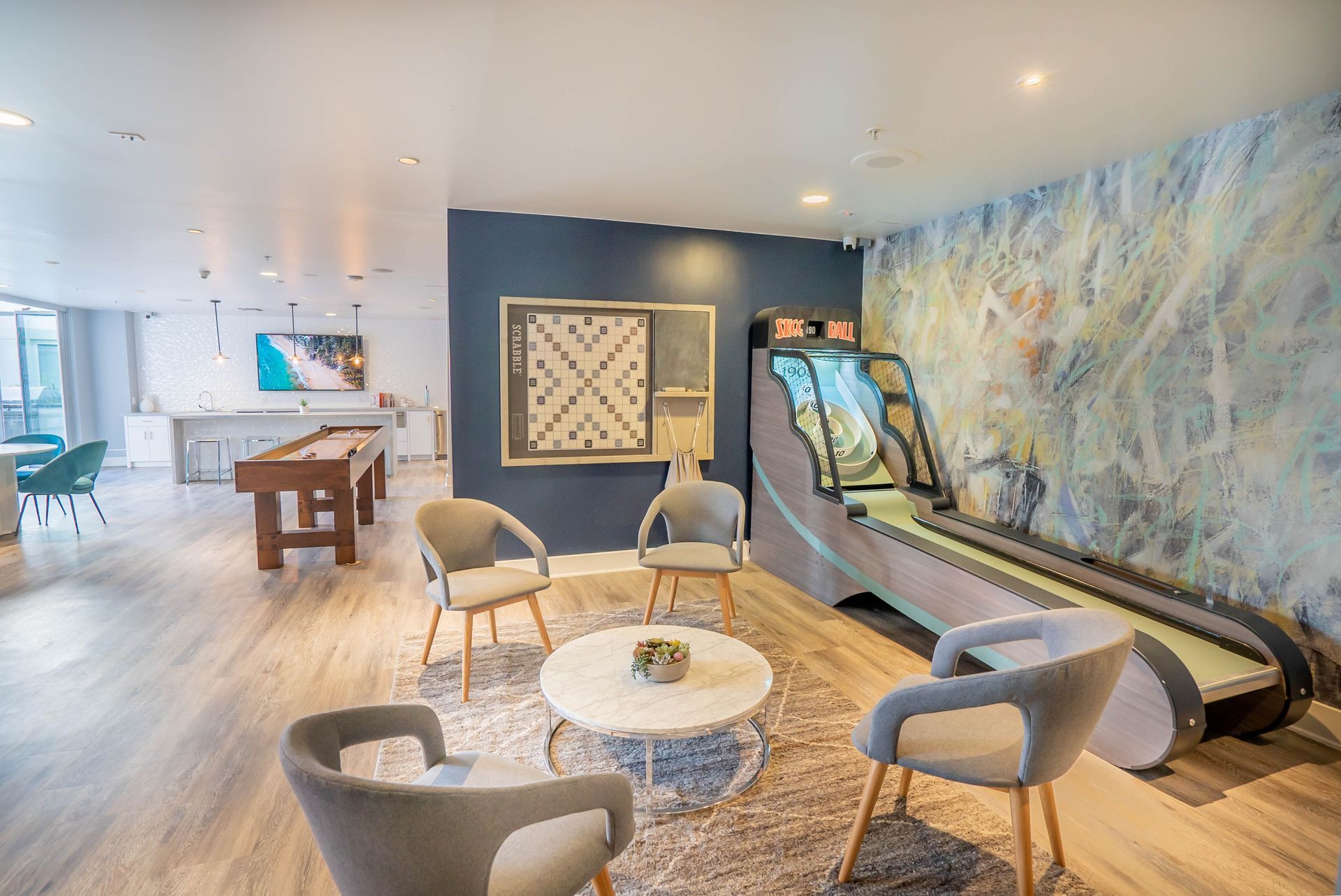 There is a bowling alley in the middle of the room.