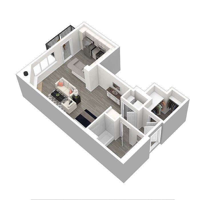A 3d floor plan of a small apartment with a balcony.