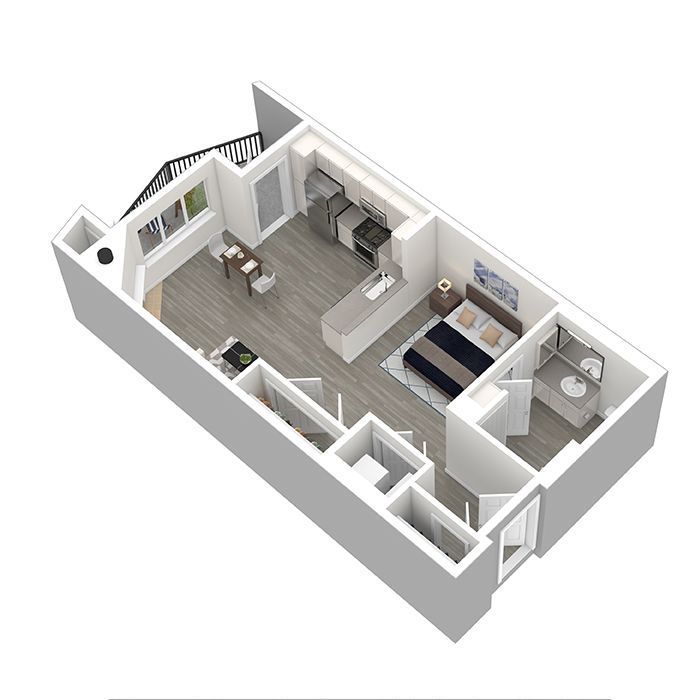 A 3d floor plan of a small apartment with a balcony