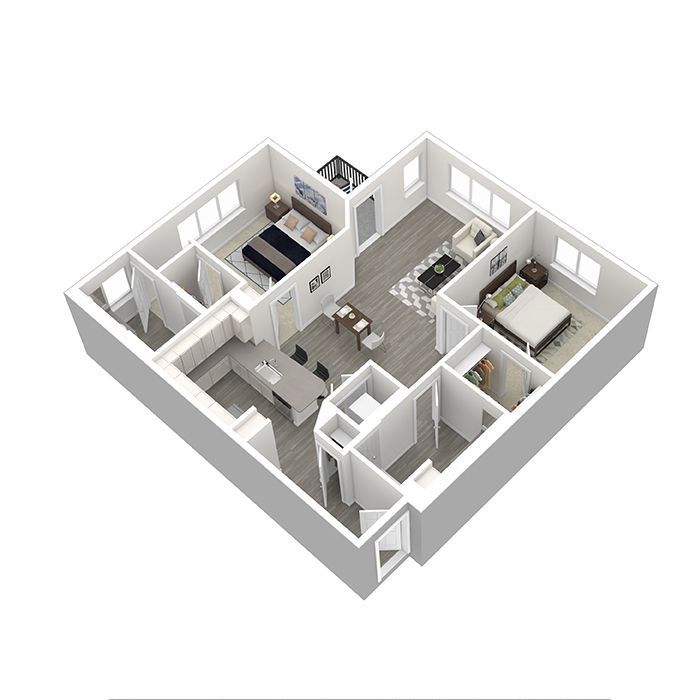 A 3d floor plan of a house with two bedrooms
