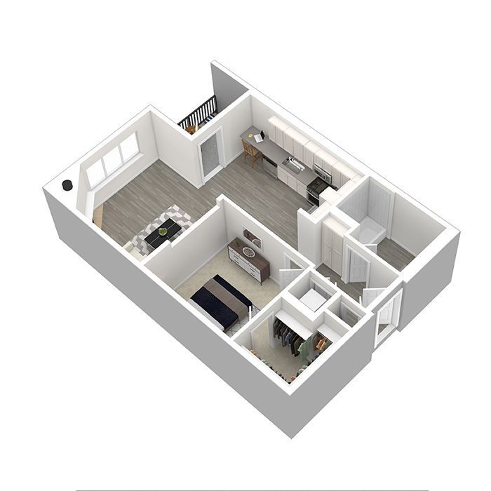 A 3d floor plan of a small apartment with a bedroom , kitchen , and bathroom.