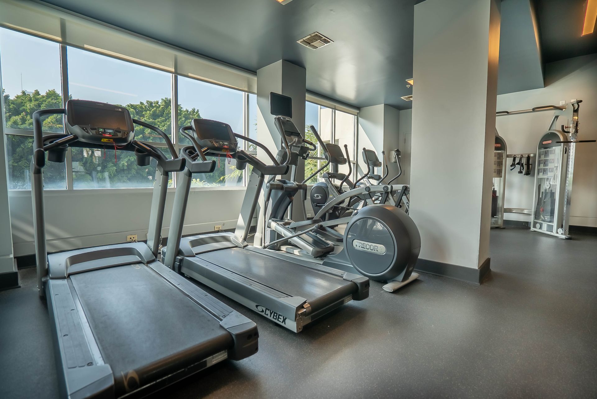 A gym with a lot of treadmills and exercise bikes.