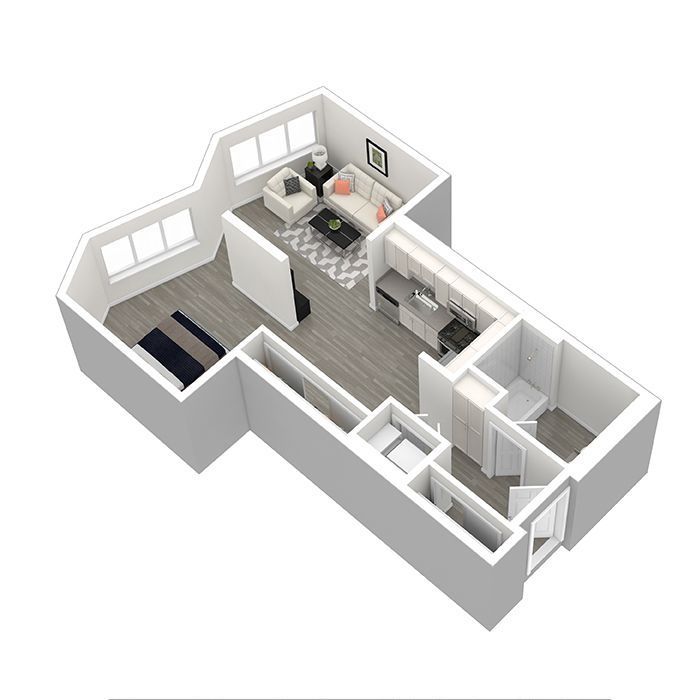 A 3d floor plan of a small apartment with a living room , kitchen , and bathroom.