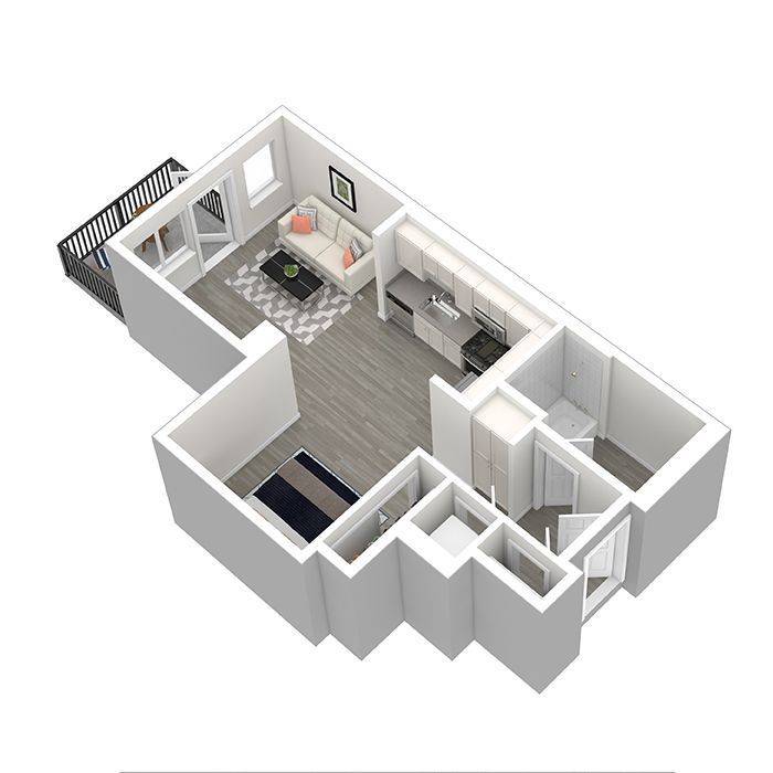 A 3d floor plan of a small apartment with a balcony