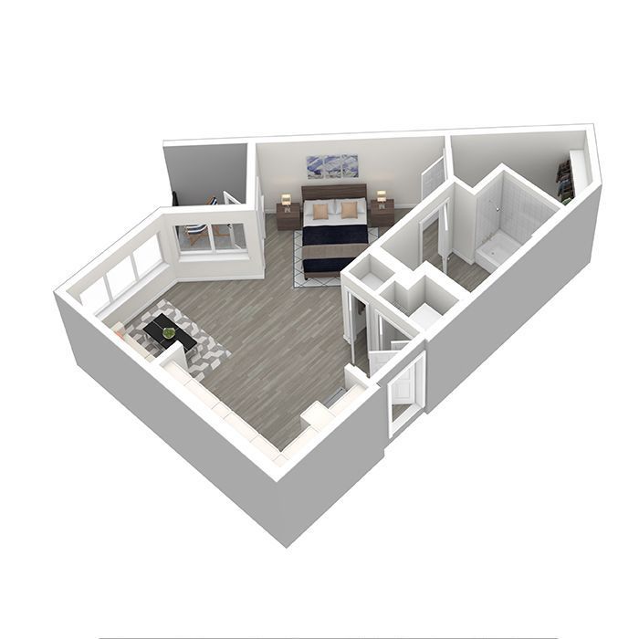 A 3d floor plan of a small apartment with a bedroom , living room , and bathroom.