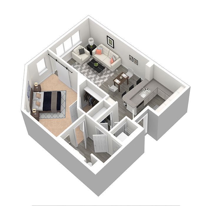 A 3d floor plan of a small apartment with a bedroom , living room , dining room , and kitchen.