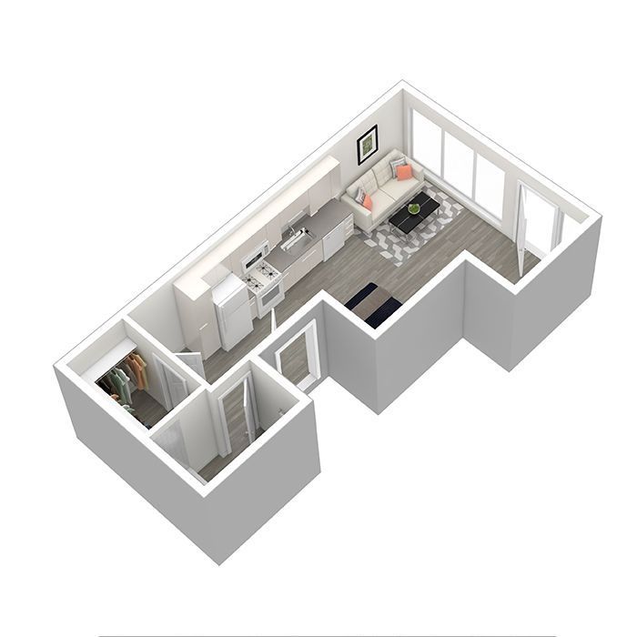 A 3d floor plan of a small apartment with a living room , kitchen , and closet.