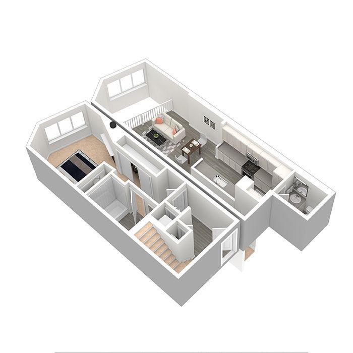 A 3d floor plan of a house with a bedroom , living room , and kitchen.
