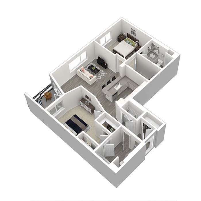 A 3d floor plan of a house with a bedroom , living room , and kitchen.