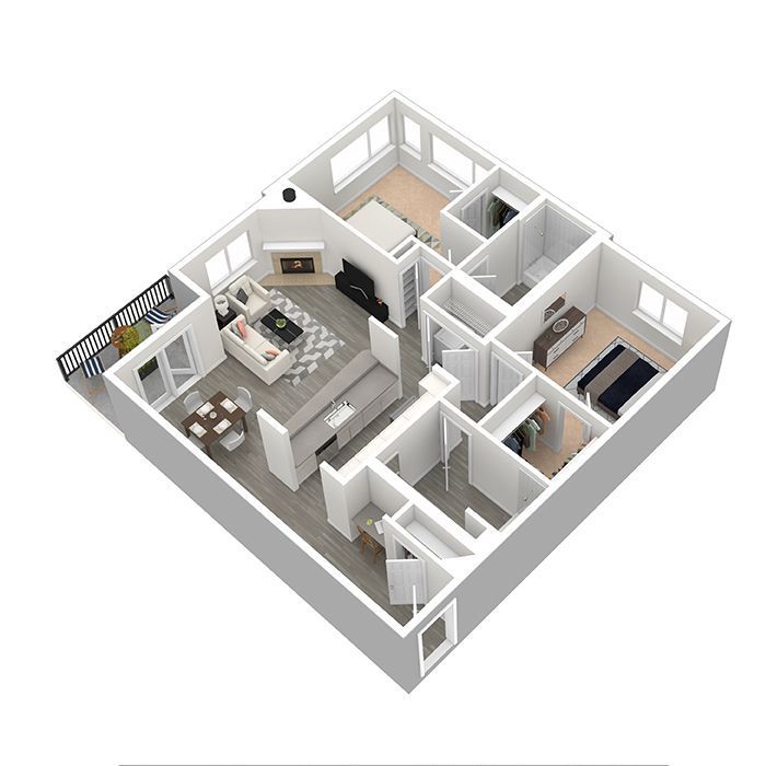 A 3d floor plan of a house with a balcony.