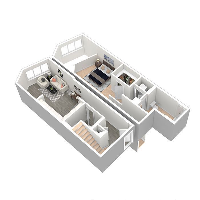 A 3d floor plan of a house with a bedroom , living room , and stairs.