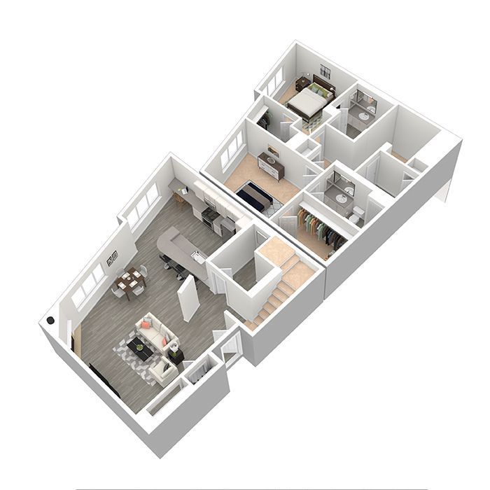 A 3d floor plan of a house with a staircase