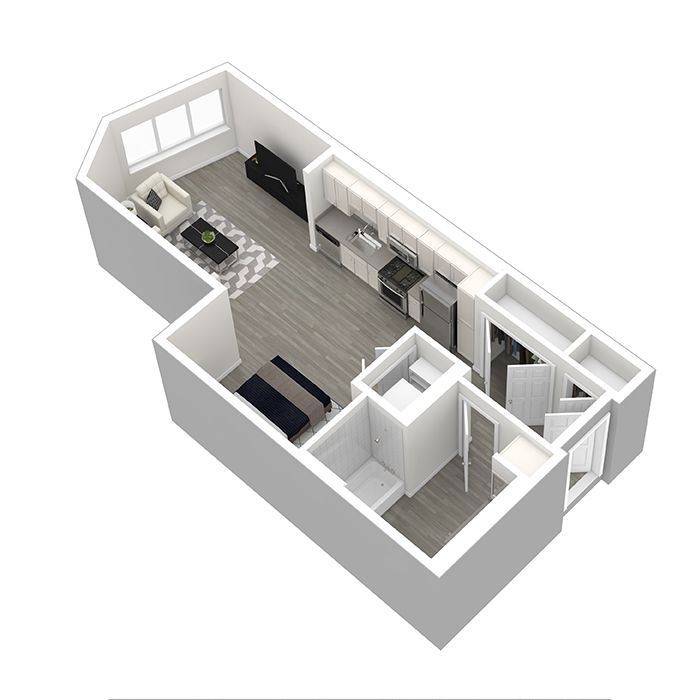 A 3d floor plan of a small apartment with a kitchen , living room , and bedroom.