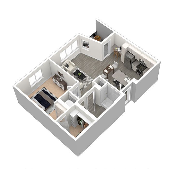 A 3d floor plan of a house with a bedroom , living room , and kitchen.