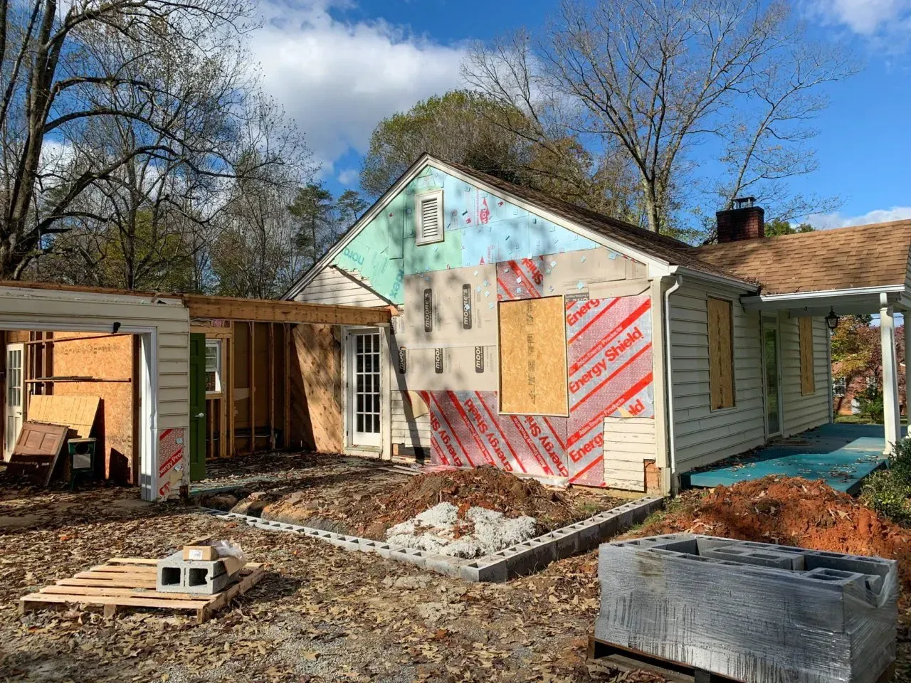 A house is being remodeled in a backyard.