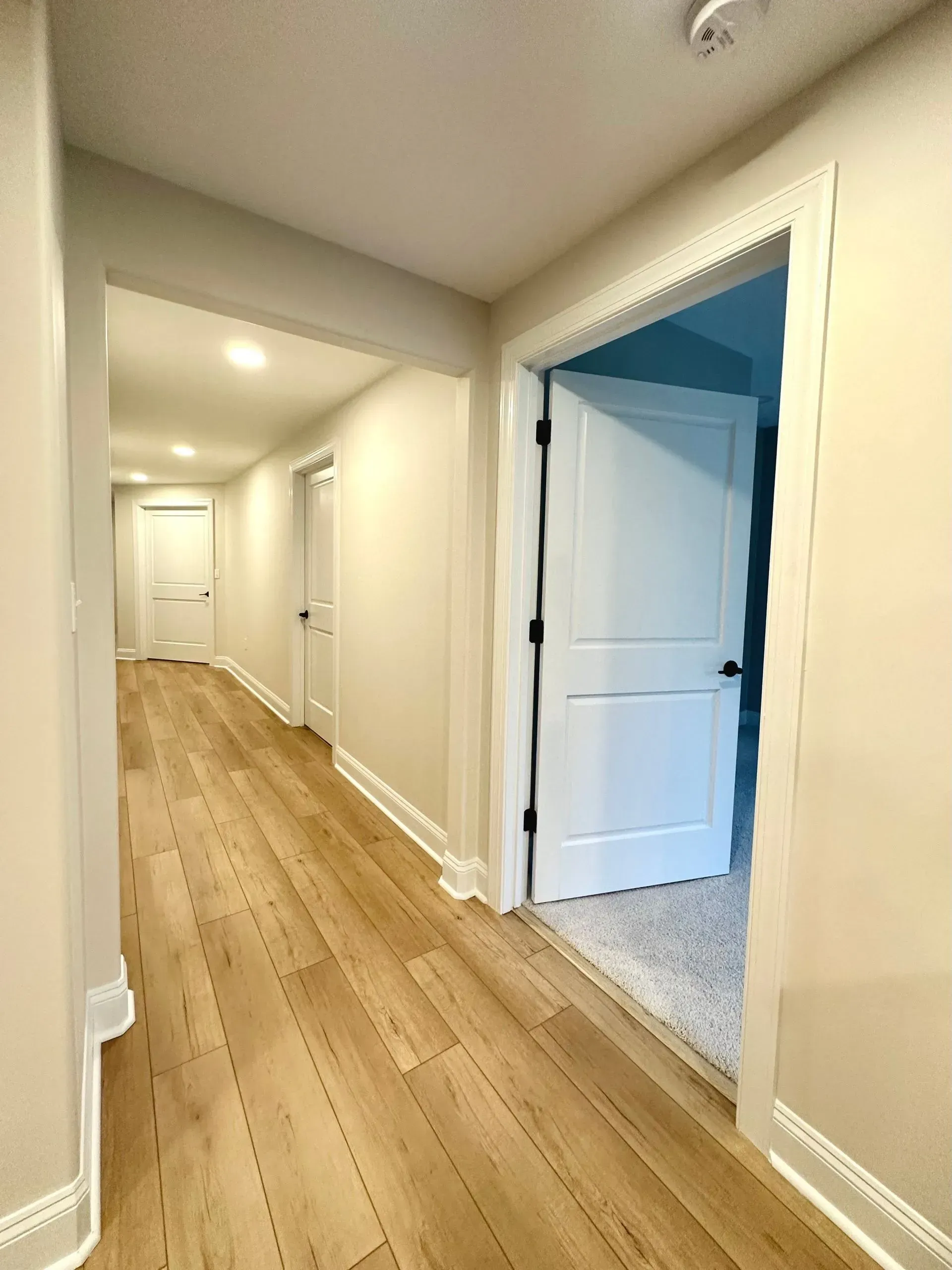 A long hallway with hardwood floors and white doors in a house.