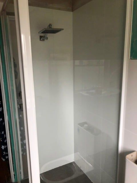White-framed Shower Stall With Glass Door — Alcando Renovations and Maintenance In Forster, NSW