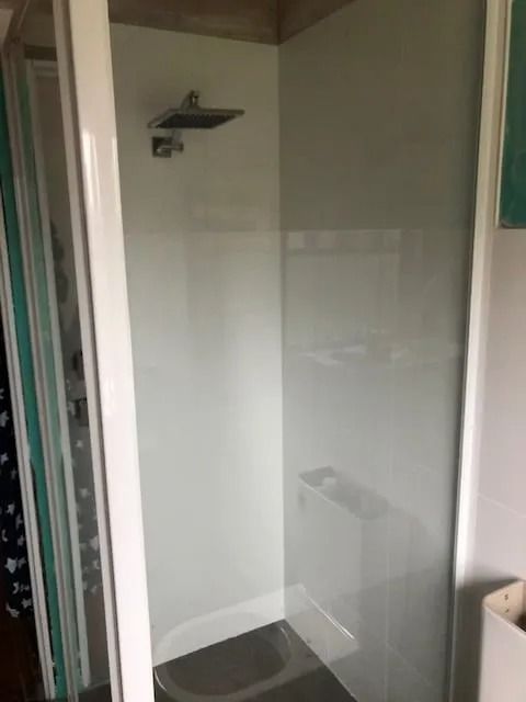 White Shower Stall With Glass Door, Square Shower Head — Alcando Renovations and Maintenance In Bobin, NSW