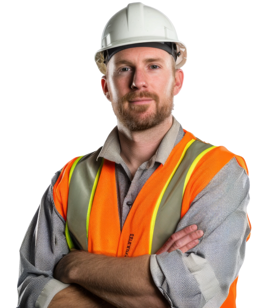 A man wearing a hard hat and an orange vest stands with his arms crossed