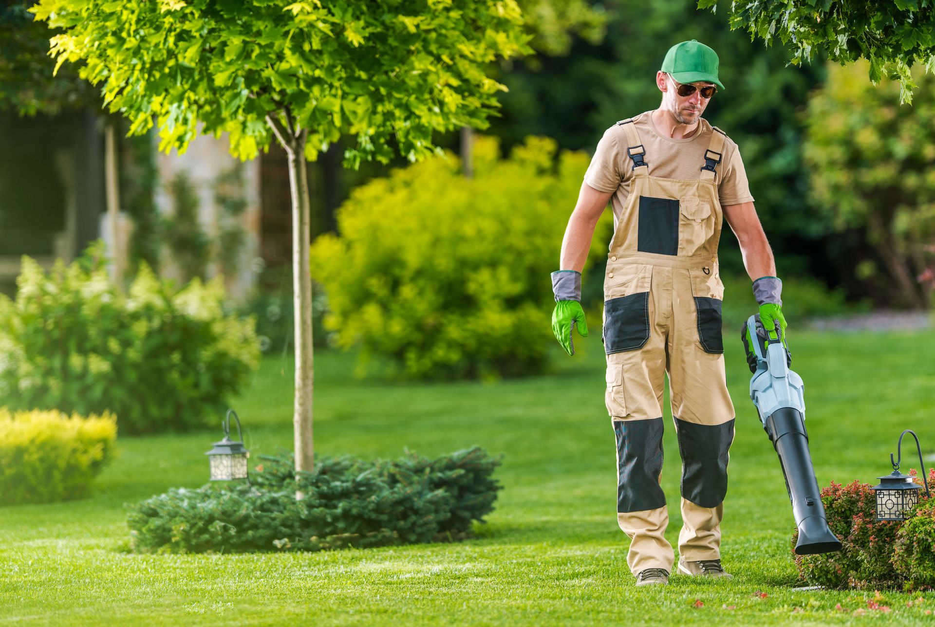 A man is blowing leaves in a garden with a blower.