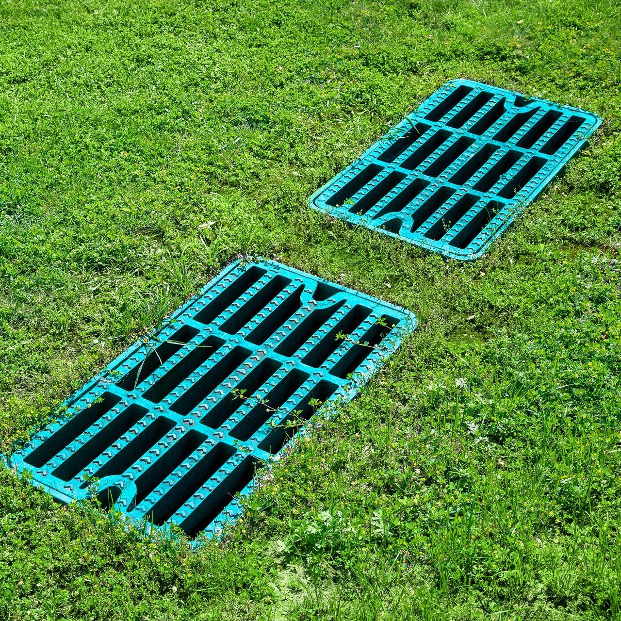 two blue drain covers are sitting on top of a lush green field .