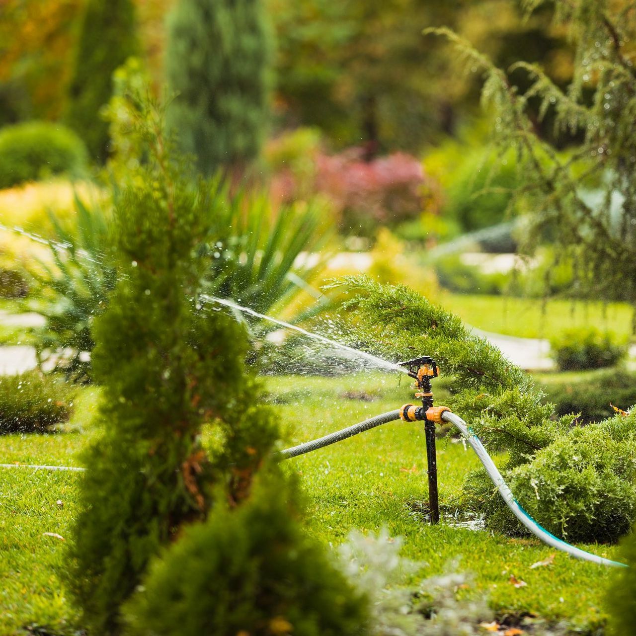 a hose is connected to a sprinkler in a garden .